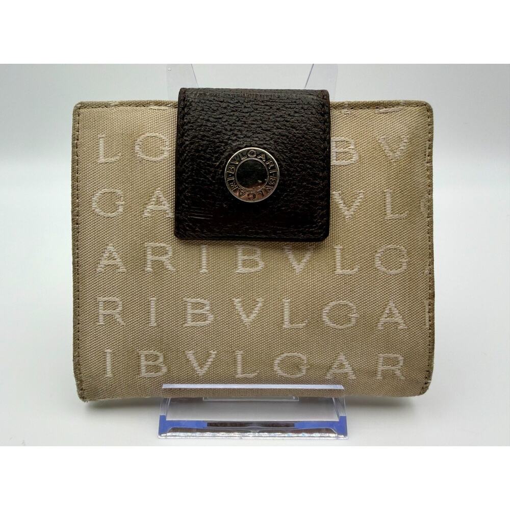 BVLGARI Logo Canvas Bifold Men Wallet Snap Closure Brown Beige Italy Bulgari COA